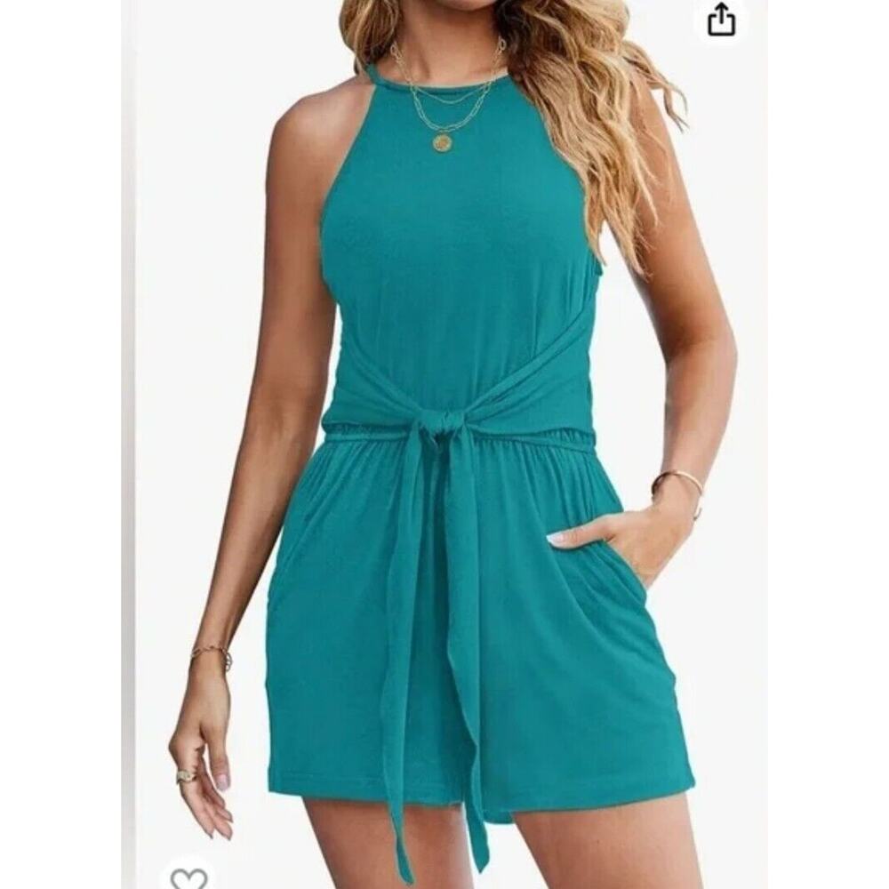 ZESICA Women's Sleeveless Solid Color Knot Front Romper Turquoise Large